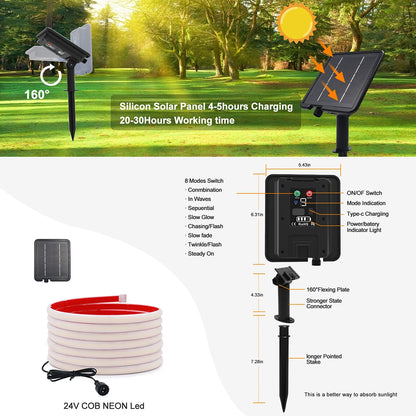 Solar Neon Light Strip 24V COB Waterproof IP68 Red Green Blue Warm Natural White 320LEDs/m Flexible High Density Linear Lighting