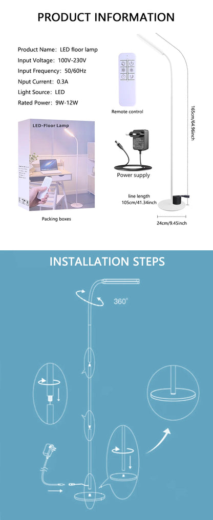 LED Floor Lamp For Living Room Adjustable Gooseneck Stand Light Remote Dimmable Indoor Bedroom Standing Reading Work Light