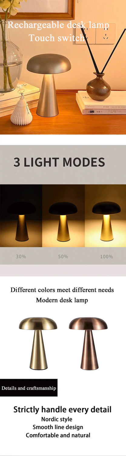 Retro Mushroom LED Table Lamp – Rechargeable Touch Bedside Light