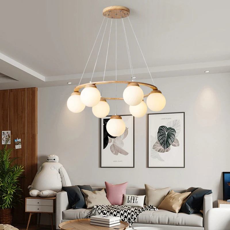 Nordic Wood Ring Chandelier – Modern LED Pendant Light for Dining Room & Living Room