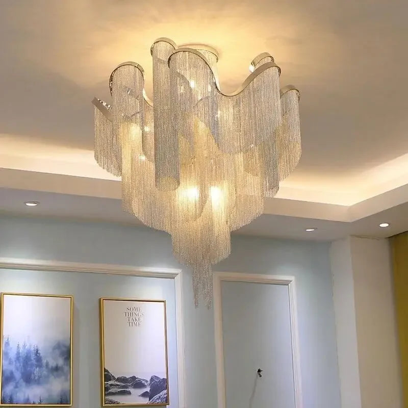Floral Tassel Staircase Chandelier – Grand LED Pendant for Villa & Duplex Spaces