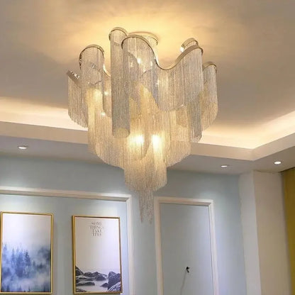 Floral Tassel Staircase Chandelier – Grand LED Pendant for Villa & Duplex Spaces