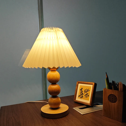 Solid Wood Nordic Table Lamp – Vintage Pleated LED Bedside & Desk Light