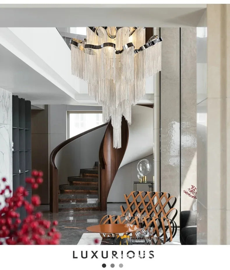 Floral Tassel Staircase Chandelier – Grand LED Pendant for Villa & Duplex Spaces
