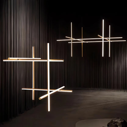 Italian Designer Tube Chandelier – Post-Modern LED Gold & Chrome Pendant Light