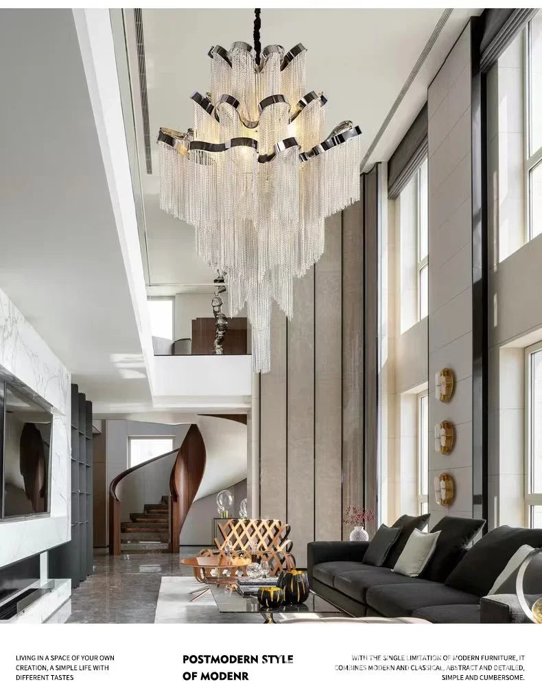 Floral Tassel Staircase Chandelier – Grand LED Pendant for Villa & Duplex Spaces