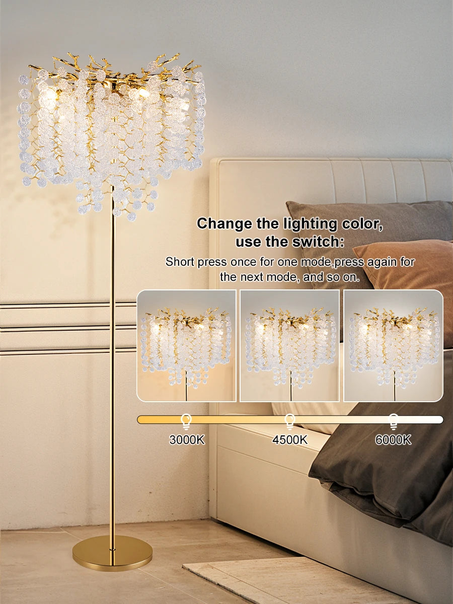 Nordic Luxury Crystal Floor Lamp - Modern Gold LED Stand Light for Living Room & Bedroom | Indoor Decor Lighting Fixture