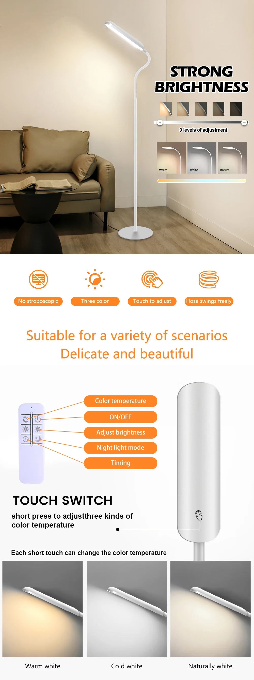 LED Floor Lamp For Living Room Adjustable Gooseneck Stand Light Remote Dimmable Indoor Bedroom Standing Reading Work Light