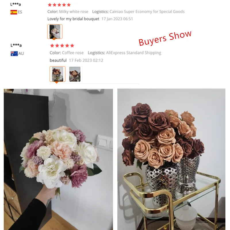 9 Heads 1 Bunch Camellia Rose Artificial Flower Holding Bouquets Party Wedding Scene Display Room Home Decor Fake Floral Gifts