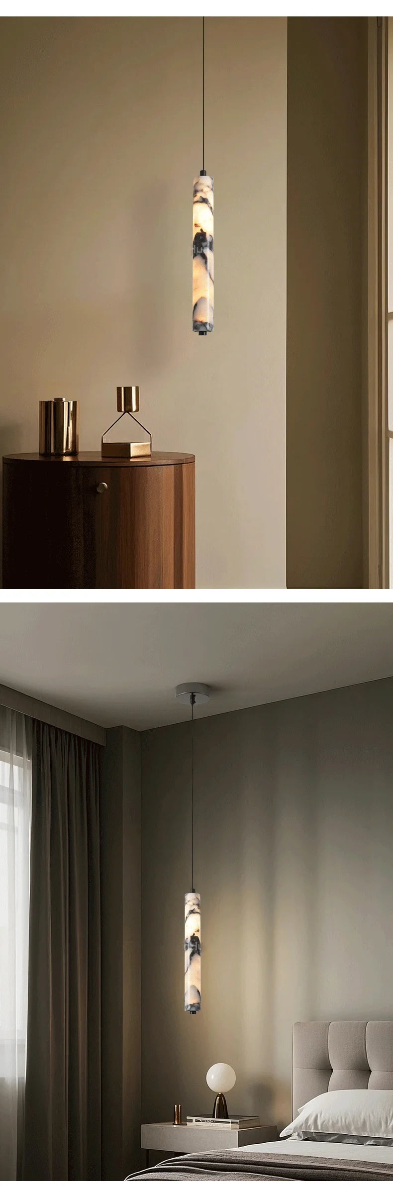 Luxury Stone Cylinder Pendant Lamp – High-End LED Chandelier for Bedroom & Living Room