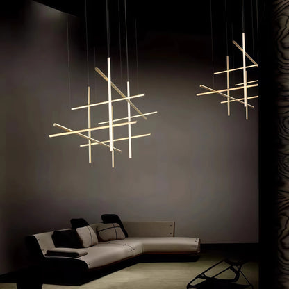 Italian Designer Tube Chandelier – Post-Modern LED Gold & Chrome Pendant Light