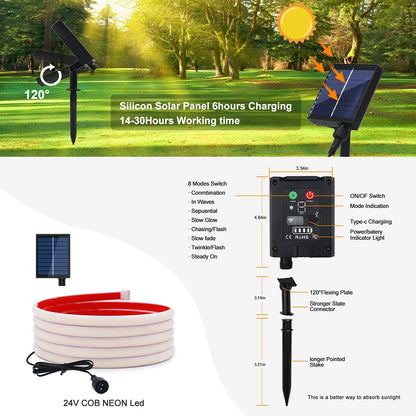 Solar Neon Light Strip 24V COB Waterproof IP68 Red Green Blue Warm Natural White 320LEDs/m Flexible High Density Linear Lighting