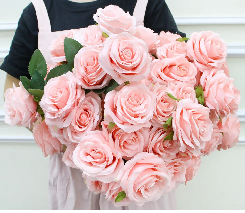 9 Heads 1 Bunch Camellia Rose Artificial Flower Holding Bouquets Party Wedding Scene Display Room Home Decor Fake Floral Gifts