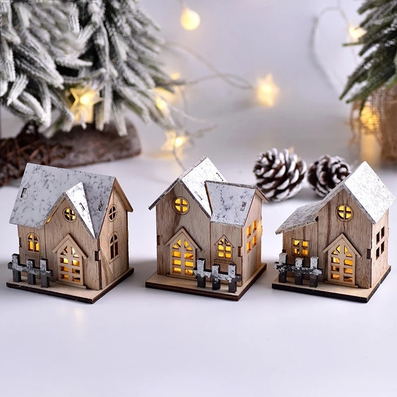 Casa de madera de luz LED navideña cabina luminosa decoraciones de Feliz Navidad para el hogar adornos de árbol de Navidad DIY regalos de niños Año Nuevo