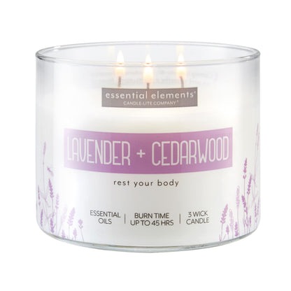 Essential Elements by Candle-lite Scented Candles Lavender & Cedarwood Fragrance One 14.75 oz. Three-Wick Aromatherapy Candle with 45 Hours of Burn Time Off-White Color
