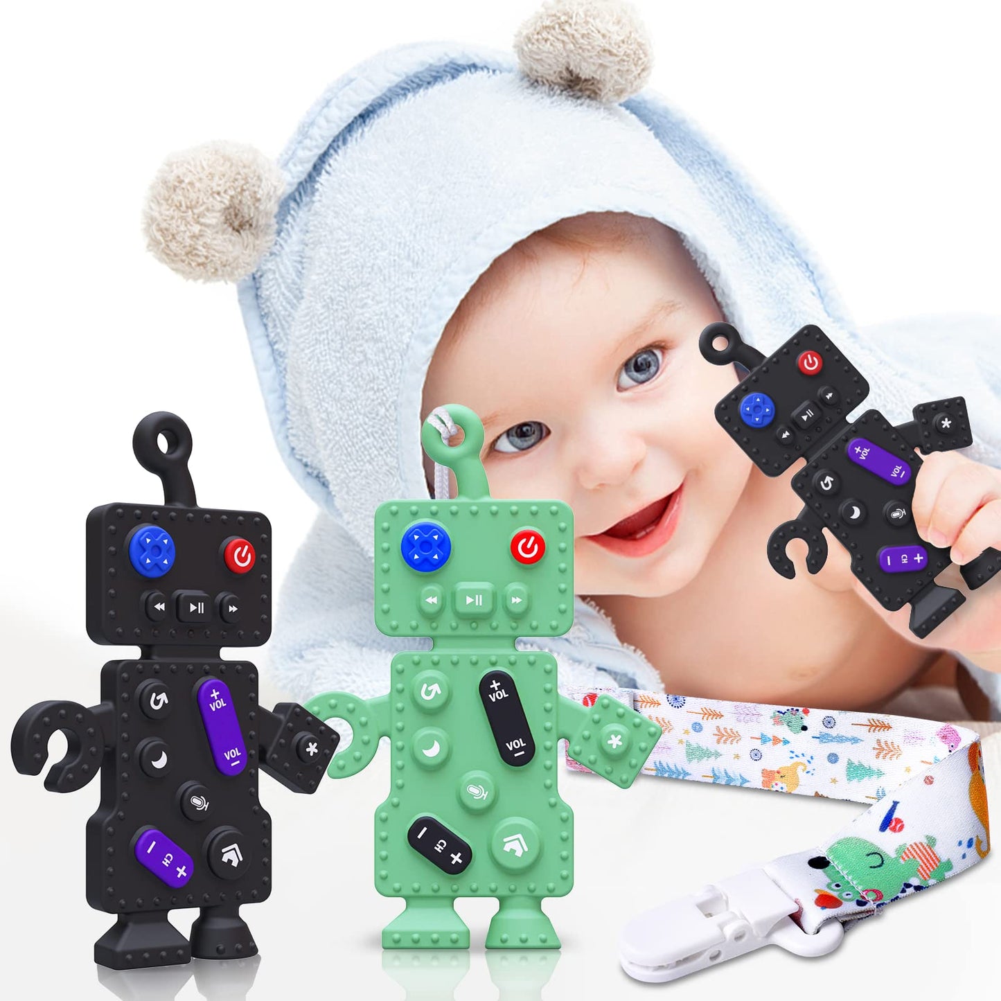 HOPEEYE 2 Pack Silicone Baby Teething Toys-Teething Toys for Babies 6-12 Months Robot Remote Control Teething Toys Chew Toys for Boys and Girls Teether Early Educational Sensory Toy (Black & Green)