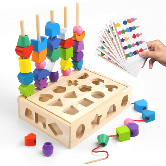 3 in 1 Wooden Color Sorting Stacking Toys Montessori Toys Geometric Shape Sorter Matching Toys Lacing Beads Sequencing Toy Set Preschool Learning Fine Motor Skills Toys for Toddlers 3 4 5 Years