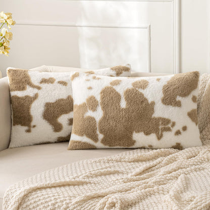 Woaboy Pack of 2 Luxury Faux Fur Throw Pillow Covers Cowhide Decorative Soft Fluffy Plush Couch Throws Brindle Cushion Covers for Winter Couch Living Room Sofa Bedroom 12x20 Inch，Camel