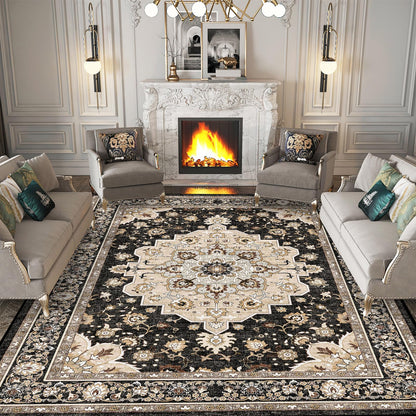 Washable 9 x 12 Area Rug - Waterproof Stain Resistant Medallion Soft Bedroom Rugs Distressed Design Non Shedding Carpet for Indoor Floor Coverings (9x12 Black)