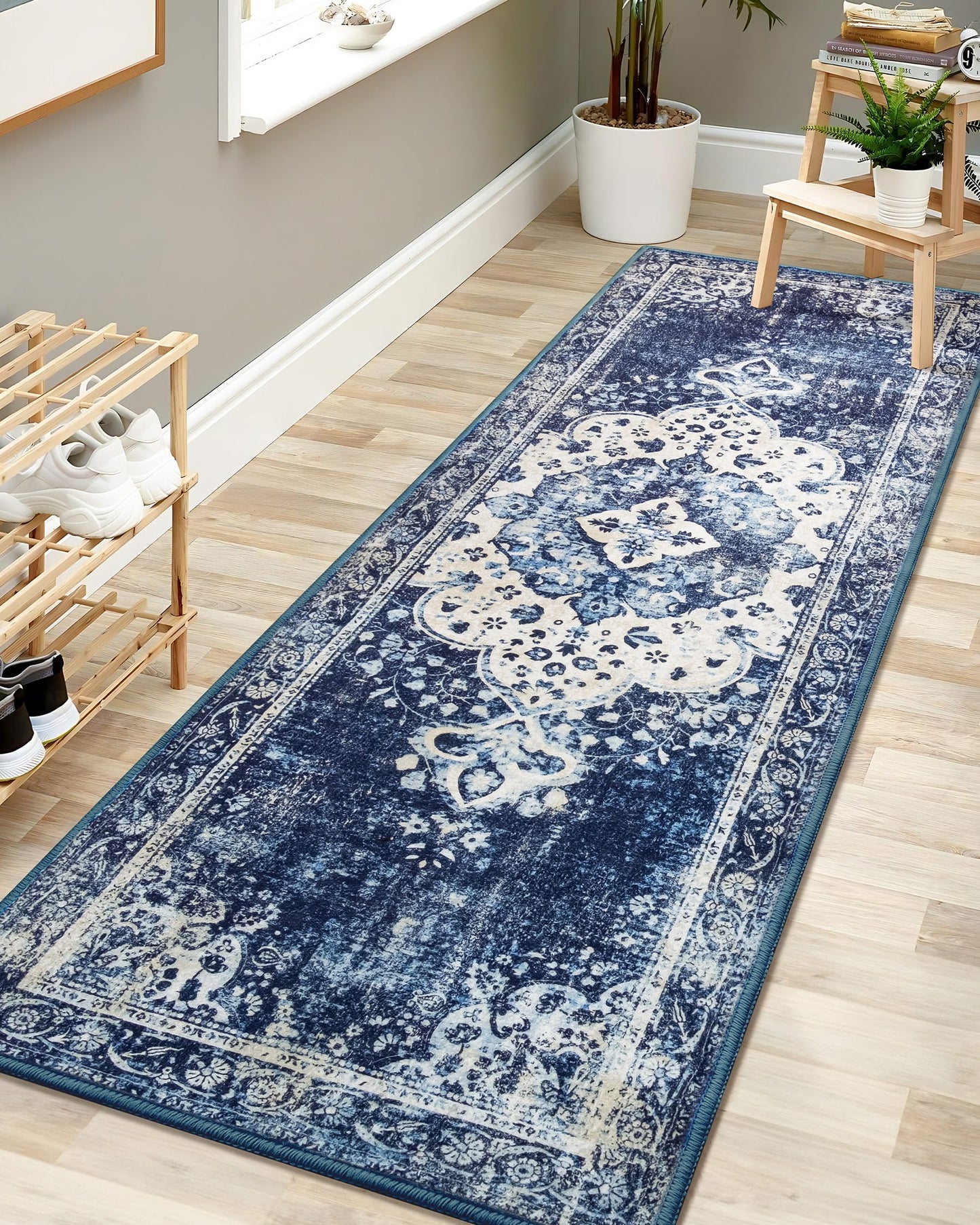 YesRug Washable Runner Rug 2x6 Blue Boho Runner Rug for Hallway Entryway Kitchen Laundry Room Bathroom Bedroom Non Slip Vintage Rug Indoor Lightweight Carpet