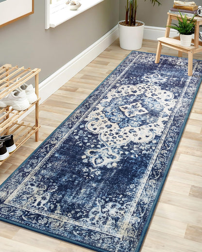 YesRug Washable Runner Rug 2x6 Blue Boho Runner Rug for Hallway Entryway Kitchen Laundry Room Bathroom Bedroom Non Slip Vintage Rug Indoor Lightweight Carpet