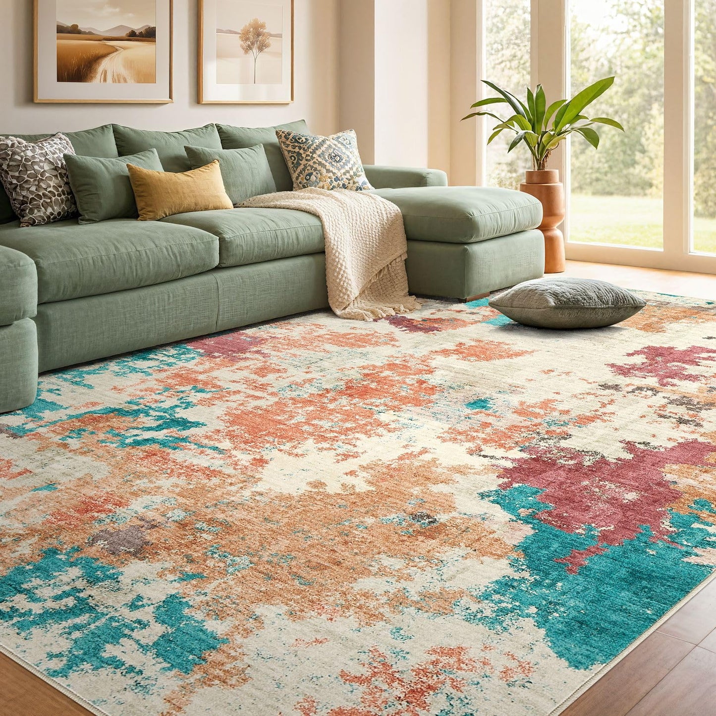 DMOYEST Living Room Area Rugs - 8x10 Washable Abstract Large Soft Indoor Rug Neutral Modern Low Pile Carpet for Bedroom Dining Room Farmhouse Home Office - Colorful