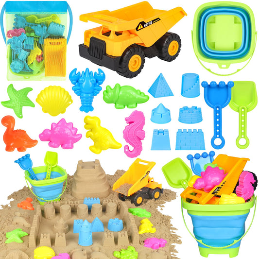 FHOZGECY Beach Toys 19Pcs Sand Toys Sandbox Toys with Dump Truck Collapsible Sand Bucket Sand Castle Toys Animal Dinosaur Molds Shovel Set Mesh Bag Travel Toys for Kids Toddlers Boys Girls