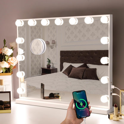 Hansong Vanity Mirror with Lights 22x18 Hollywood Mirror Makeup Mirror with 15 Dimmable Bulbs 10X Magnification and USB Charging Port White
