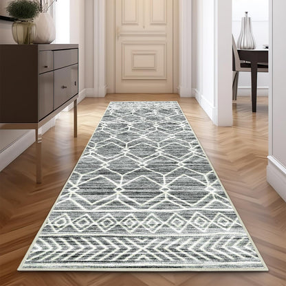 jinchan Runner Rug 3x7 Moroccan Rug Kitchen Runner Rug Geometric Rug Washable Non Slip Low-Pile Carpet for Kitchen Bedside Farmhouse Bathroom Hallway Grey