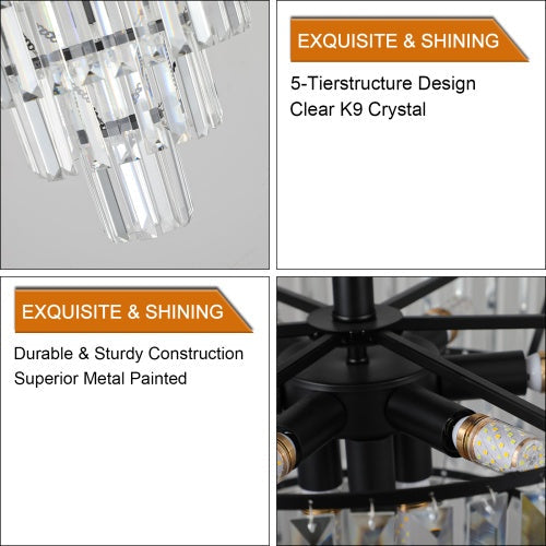 Large Black Crystal Chandelier – Contemporary Style for Living Room, Dining Room & Bedroom