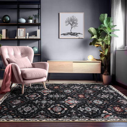FLYRUGGO 5x7 Area Rug Washable Accent Print Plaid Flower Throw Rugs for Living Room Moroccan Ultra Soft Large Non-Slip Carpet for Bedroom - Black/Colorful Flower