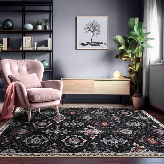 FLYRUGGO 5x7 Area Rug Washable Accent Print Plaid Flower Throw Rugs for Living Room Moroccan Ultra Soft Large Non-Slip Carpet for Bedroom - Black/Colorful Flower