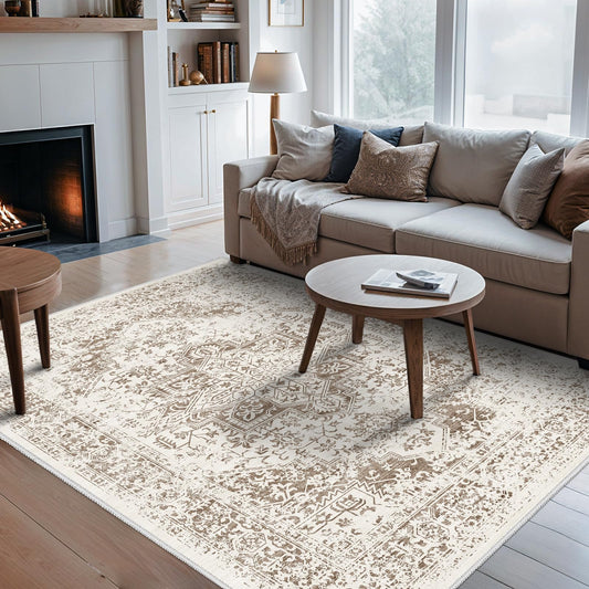 Washable Distressed 5x7 Rugs - Living Room Area Rug Kitchen Bedroom Entry Non Slip Vintage Boho Oriental Muted Indoor Decor Floor Stain Resistant Carpet Light Brown