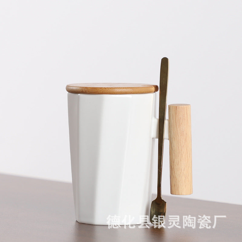 Customizable Ceramic Milk Mug with Wooden Handle
