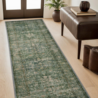 2x6 Runner Rugs for Hallways Washable Area Rugs Low-Pile Vintage Bathroom Runner Rug Non Slip Distressed Ultra-Thin Indoor Carpet Bedside Rug Green