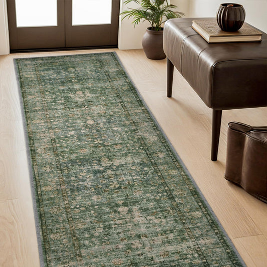2x6 Runner Rugs for Hallways Washable Area Rugs Low-Pile Vintage Bathroom Runner Rug Non Slip Distressed Ultra-Thin Indoor Carpet Bedside Rug Green