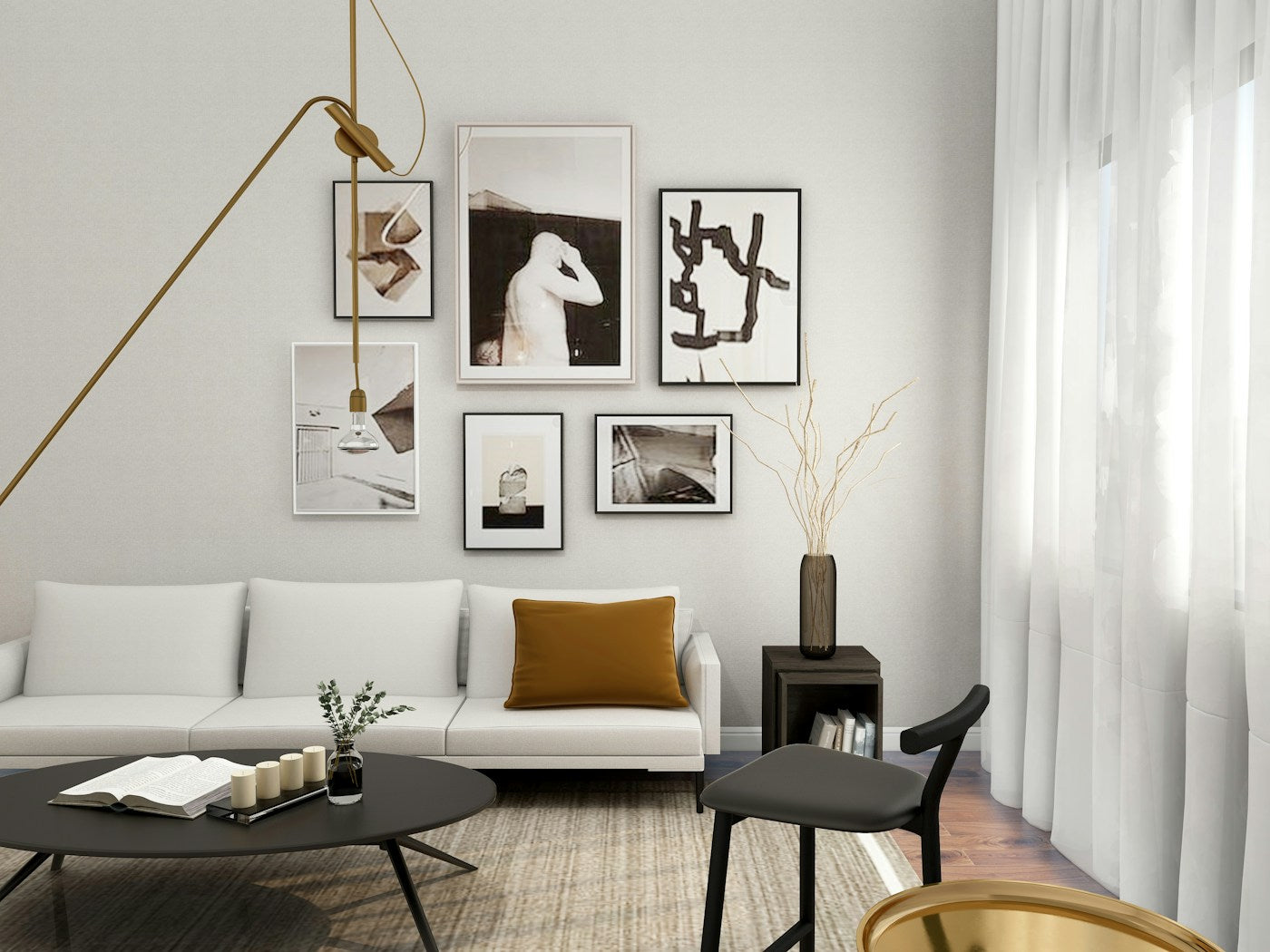 Modern gold chandelier over dining table premium interior